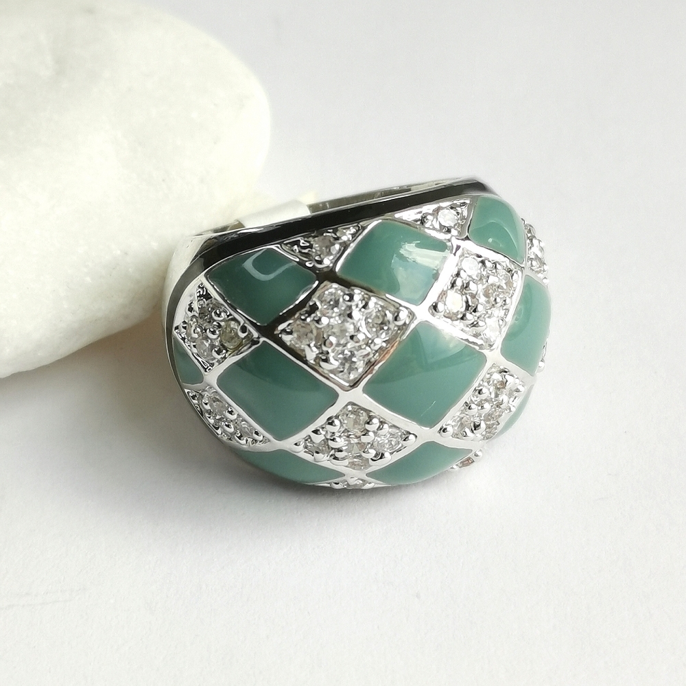 Enamel Dome Ring CZ Green enamel harlequin Size 7